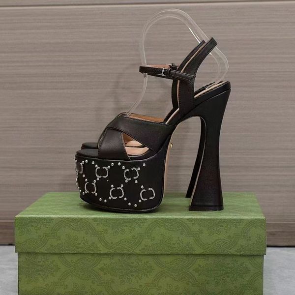 

the latest stud sandals with interlocking embellished cross ankle strap horseshoe heels high double waterproof platform 15.5cm designer part, Black