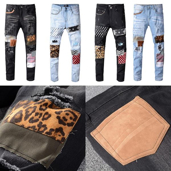 

mens motorcycle biker jeans rock skinny slim hole stripe famous brand denim zipper ripped pants hip hop vintage trous226a, Blue