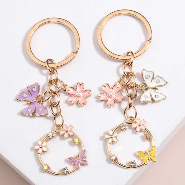 

key rings cute enamel keychain butterfly sakura flower key ring garden key chains friendship gifts for women girls diy handmade jewelry r230, Slivery;golden