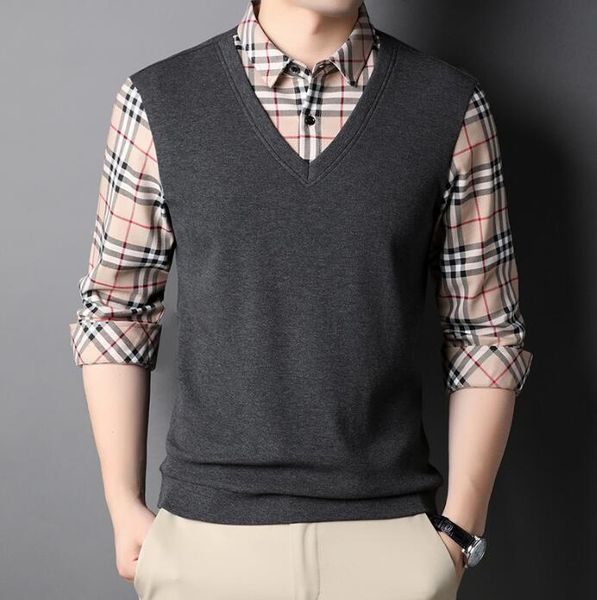 

n5236 spring classical man sweatshirt pullover mens hoodie fake two pieces designer hoodies streetwear jumper men's clothing, Black