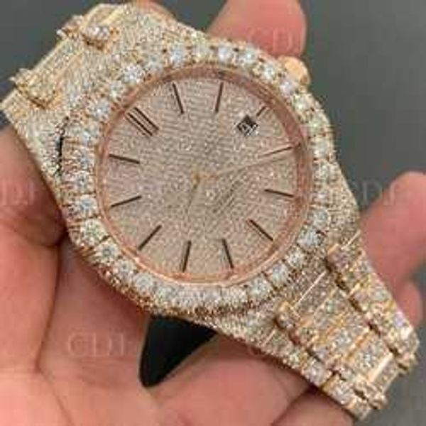 

7852 luxury two tone natural diamond watch brand custom dign stainls steel diamond studded iced out men woman hip hop watchea03, Silver