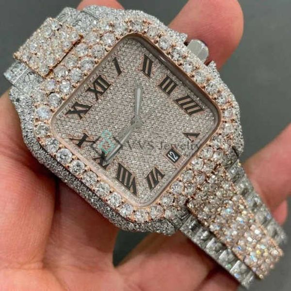 

iced out santtos watch | y automatic, swiiss made | raised layer def vvs moissanite studded stainls steel, luxury watch, Slivery;brown