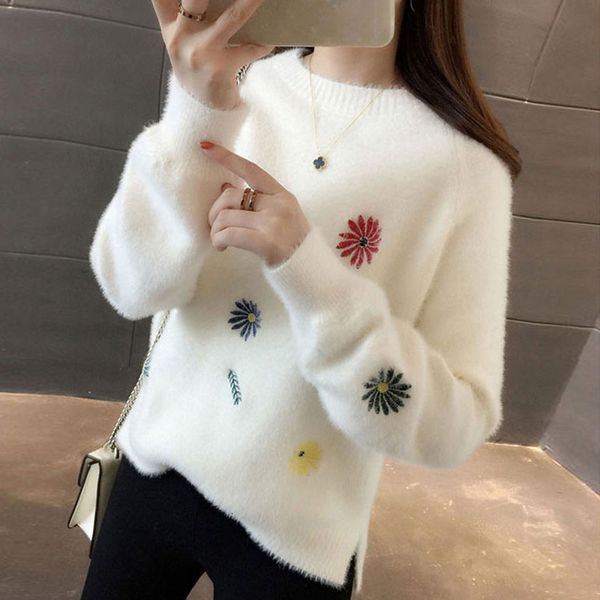 

women's sweaters winter knit sweater pullover women fashion imitation mink velvet cashmere print loose clothes korean white clothes fem, White;black