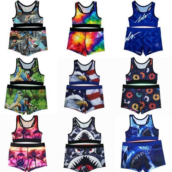 

womens swimwear fashion yoga outfits designer 2 piece swimsuits cartoon printed vest and shorts sports fitness set, White;black