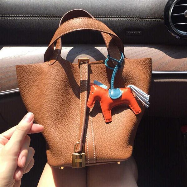

vegetable basket bags picotin lock female genuine leather 2021 first layer cowhide handbag large capacity bucket bag brand tote lu331g