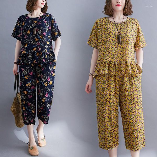 

women's two piece pants fdfklak -4xl fashion floral print cotton summer womens peice sets short sleeve cropped pant suits ensemble fem, White