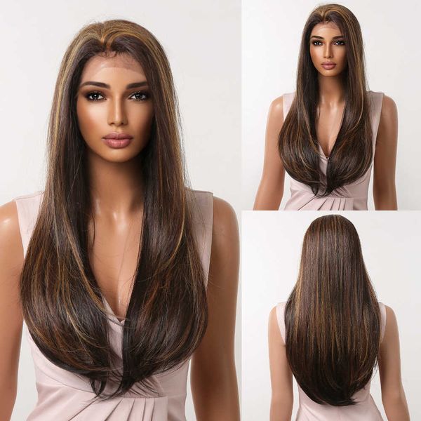 

synthetic wigs easihair brown highlight lace front synthetic wig long straight natural frontal for women afro cosplay high density 230227, Black