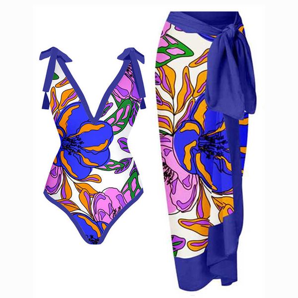 

women's swimwear printed bikini set lace up chic one piece swimsuit with cover-ups backless v-neck swimwear swimming suit summer beach, White;black