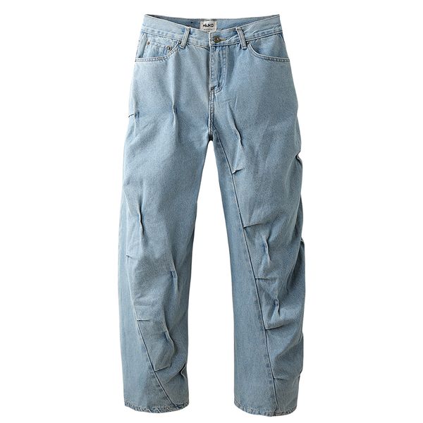 

streetwear washed blue men's plus size pants jeans pleated patchwork pockets straight casual baggy denim trousers, Black;brown