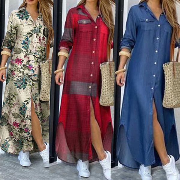 

casual dresses summer autumn elegant women maxi shirt dresses vintage ladies singlebreasted long sleeve vestidos casual plaid robe longue z0, Black;gray