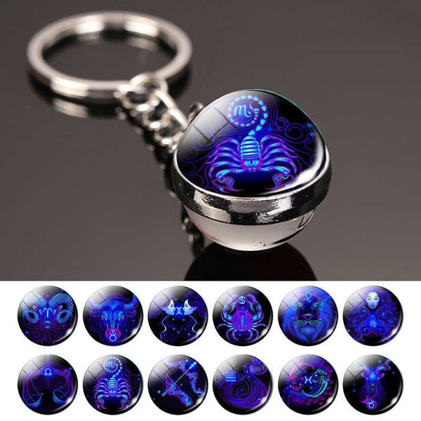 

key rings creative 12 constellation key ring time stone double-sided glass ball metal keychain pendant key chain accessories fashion gift r2, Slivery;golden