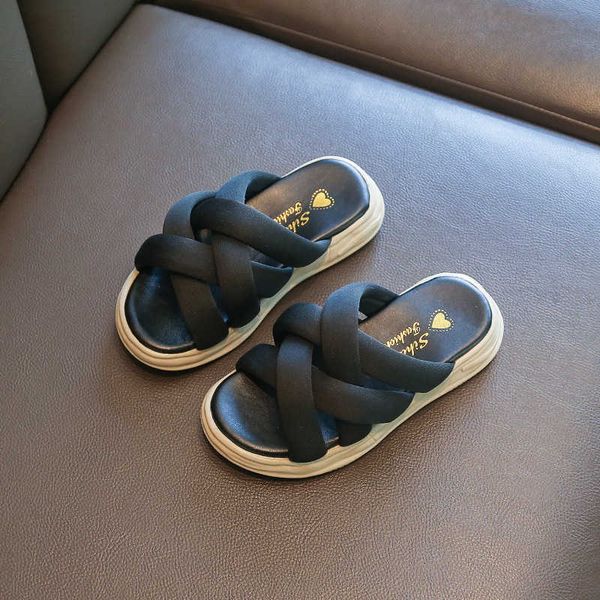 

slipper girls cross belt simple cute children fashion summer new korean all-match 2022 kids slippers pure black comfortable beach sandal t23, Black;grey