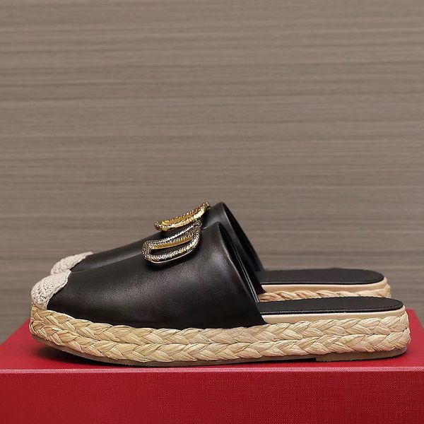 

flat slippers lafite women toe wrap low heel leather leisure metal buckle luxury designer beach shoes rubber soled factory shoe, Black