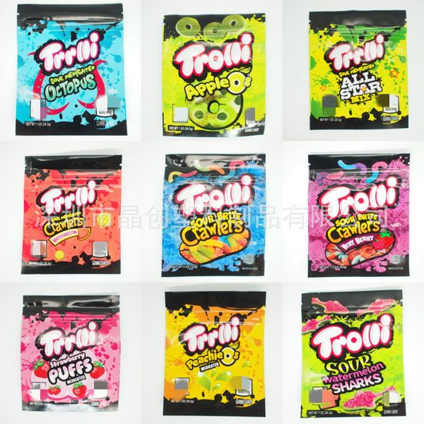 

600mg sour candy gummy medicated mylar bag trolli trrlli errlli edibles gummies packaging bags smell proof resealable zipper pouch