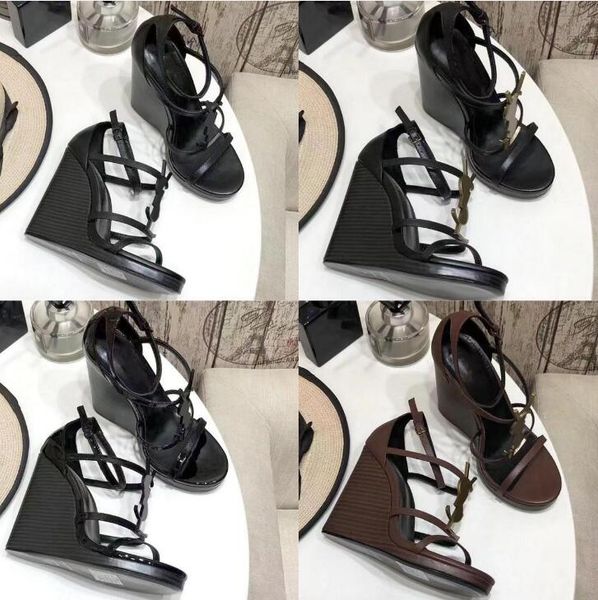 

luxury brands summer pop heeled women wedges sandal tribute leather wedge espadrille sandals black nude brown genuine luxury leather 35-43