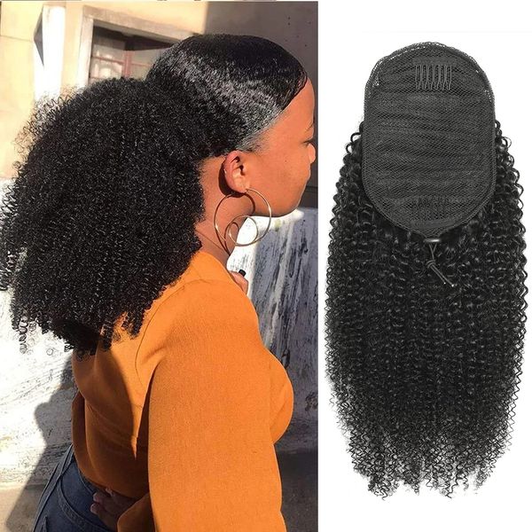 

drawstring ponytail human hair kinky straight afro puff kinky curly ponytail remy brazilian hair ponytail long curly pony tail extension cli, Black