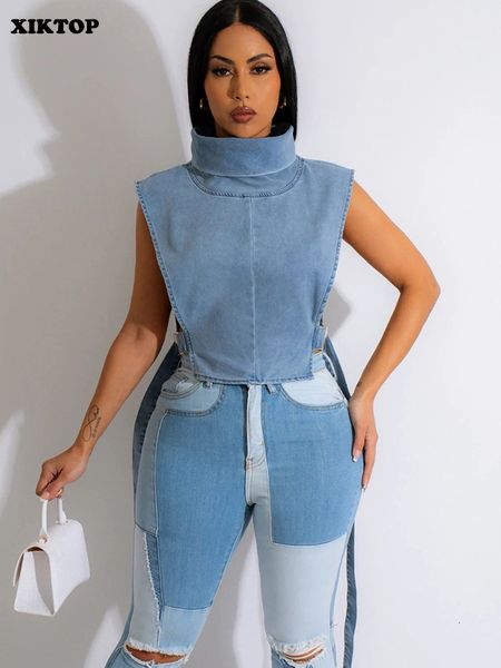 

women's jackets xikdenim sleeveless jacket women 2023 buckle lace up y2k clothes safari stand collar cropp hipster casual street 230303, Black;brown