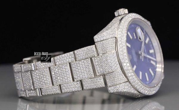 

stylish custom hip hop luxury dign blue dial stainls steel iced out moissanite diamonds watch high-quality rapper jewelry, Silver