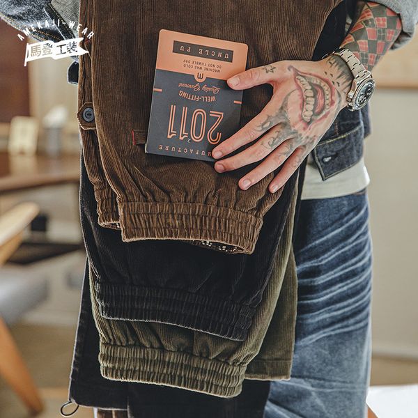 

men's pants maden retro corduroy trousers elastic waist strip velvet loose straight casual men oversized wide leg cargo bottoms 230303, Black