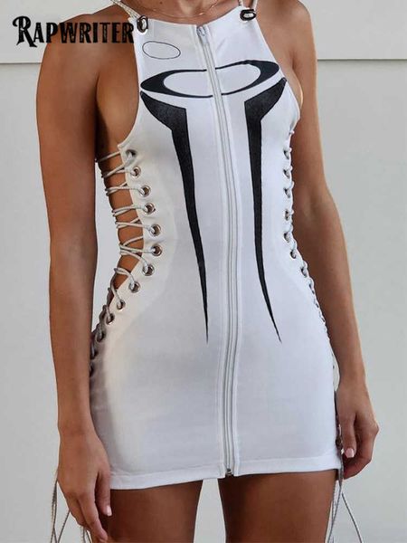 

casual dresses rapwriter racing style halter mini dresses for woman unique side bandage zipper fashion streetwear motobiker skinny outfits n, Black;gray