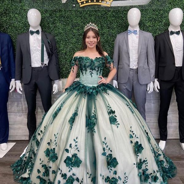 

blackish green quinceanera dresses ball gown appliques 3d flower knot bodice long 15 year girls birthday party dress corset, Blue;red