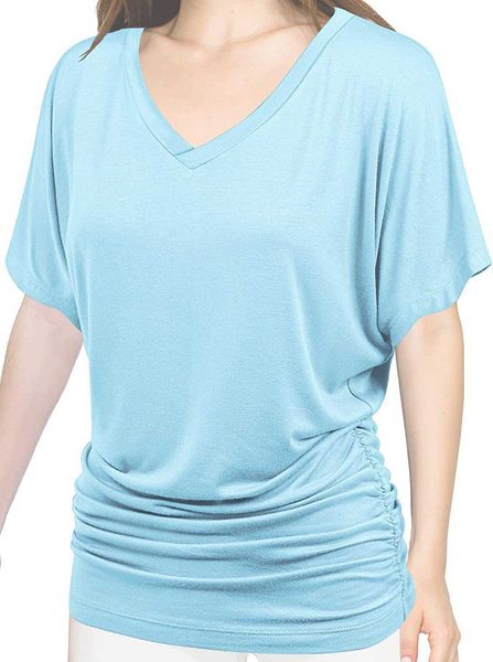 

women's clothes women cotton blouse t-shirt solid short sleeve v-neck with side shirring plusaq58, White