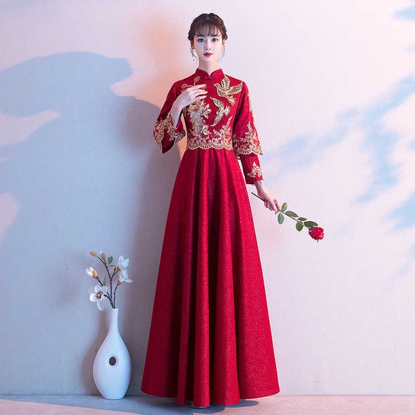 

women's clothing runway dresses wedding gown bride 2023 winter wine red wedding high-waisted pregnant woman cheongsam covered belly lon, Black;gray