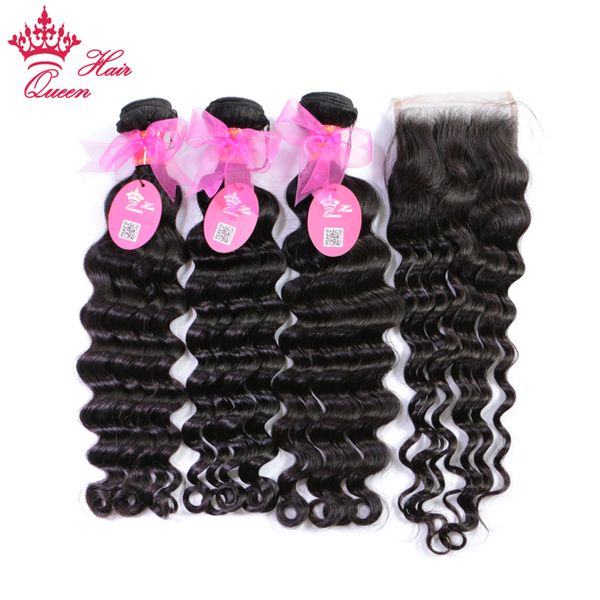 

natural wave / more wave lace closure with bundles brazilian virgin human raw hair extensions 12"-28" natural color bundles with c, Black;brown