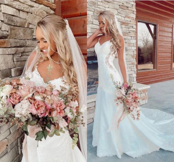 

2023 mermaid wedding dresses bridal gown spaghetti straps lace applique sweep train custom made beach country vestidos de novia plus size, White