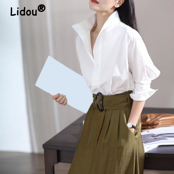 

womens blouses shirts autumn fashion casual threequarter sleeve cotton shirt elegant stand collar white office lady loose blouse 230303