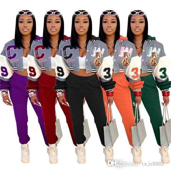 

desinger 3xl womens tracksuits 2 piece pants set letter print cropped patchwork button hooded coat casual baseball jacket suit, Gray