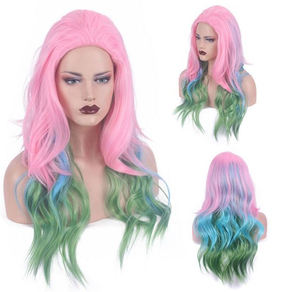 

europe and the united states fashionable wig points in the color gradient pink-green-blue long curly hair, prom party, Black
