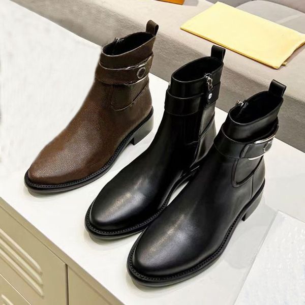 

autumn winter boots woman thick soled trainers travel metal belt buckle zipper boot soft cowhide lady flat casual designer shoe leather, Black