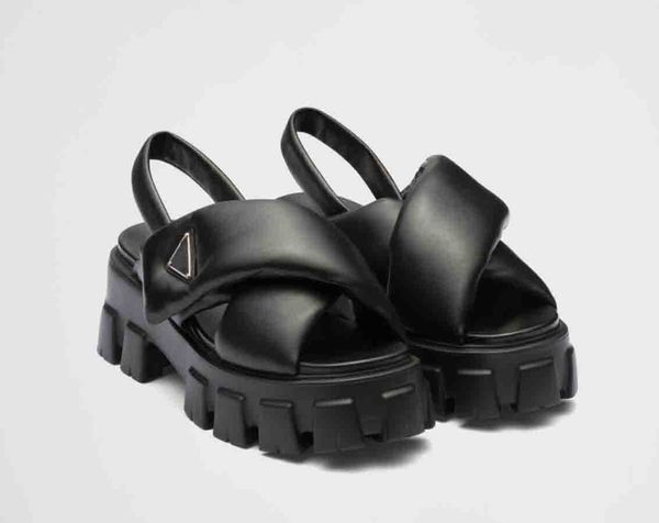 

summer designer women wedge sandal platform shoes monolith brushed leather sandals foam light rubber lug tread sole luxury design with box 3, Black