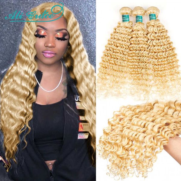 

wig caps ali grace hair brazilian deep wave hair bundles blonde 613 human hair weaving deep wave bundles 34 remy hair extensions, Black;brown