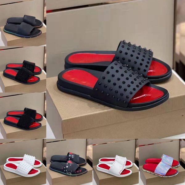 

with box designer sandals women men flip flops slippers mens summer pool slides fahison sandal womens mens studs rivet suede slipper rubber, Black