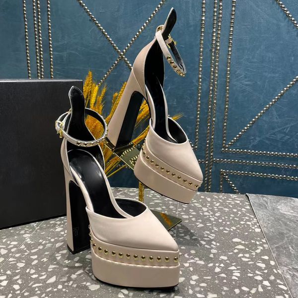 

high heeled dress shoes women thick heel rivet silk ankle band thickened platform sandals luxury designer casual pointed wedding shoes fashi, Black