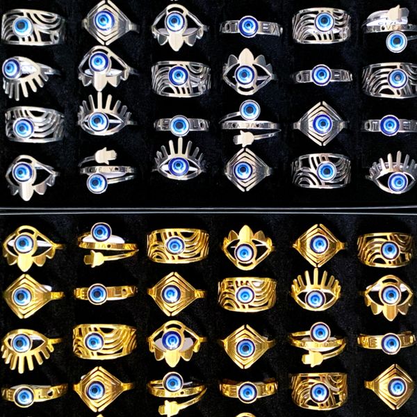 

20pcs/lot factory wholesale vintage blue eye finger rings mixed style foe women men fashion stainless steel evil eyeball lovers wedding part, Slivery;golden