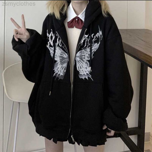 

men's hoodies sweatshirts women butterfly print hoodies harajuku oversized long sleeve zip up hooded jacket female 2022 autumn hip hop, Black