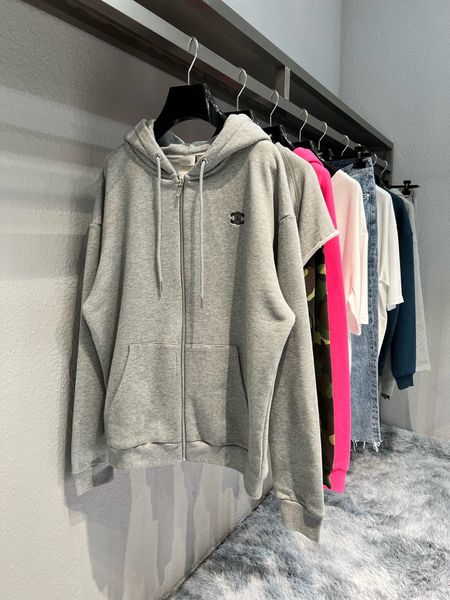 

logo embroidered hooded loose terry thick zipper sweater, Black