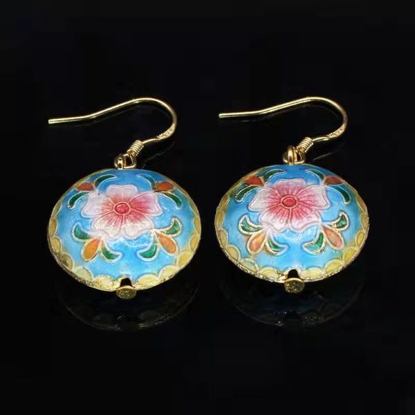 

unique cloisonne enamel round flower charm earrings for women eardrop 925 silver hook accessories colorful primula ear dangle jewelry 10 pai, Golden