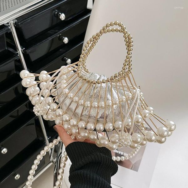 

bags luxury silver pearl clutch bag for women party wedding designer handbag purse female hollow out shoulder crossbody