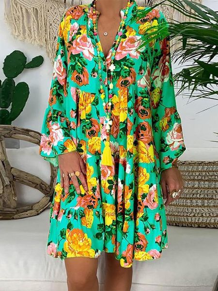 

casual dresses plus size dress women fashion buttons v neck long sleeve summer loose floral print short mini beach8fu4, Black;gray