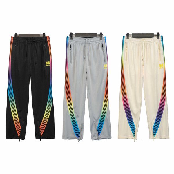 

butterfly needles embroidery men's and women's casual pants trend color stripe webbing sportswear fog high street, Black