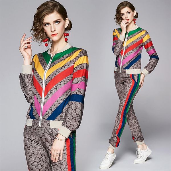 

runway rainbow striped two piece sets plus size women long sleeve print jackets coat long pants 2 pcs ladies designer two piece pa302k, White