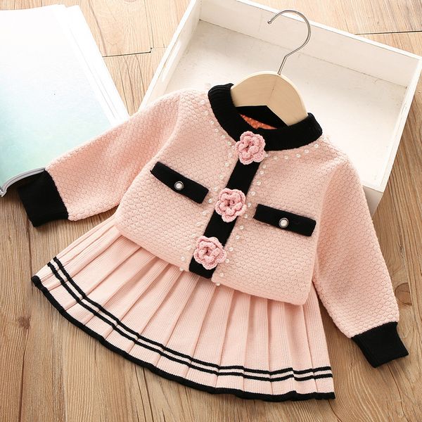 

clothing sets girl sweater winter korean version of small fragrance style knitting threedimensional flower twopiece 230303, White