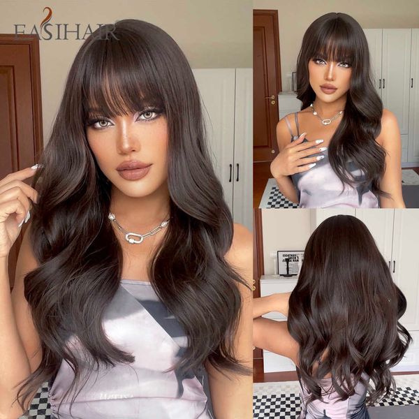 

synthetic wigs easihair long dark brown synthetic wig women's with bangs water wave heat resistant for women daily cosplay natural hair, Black