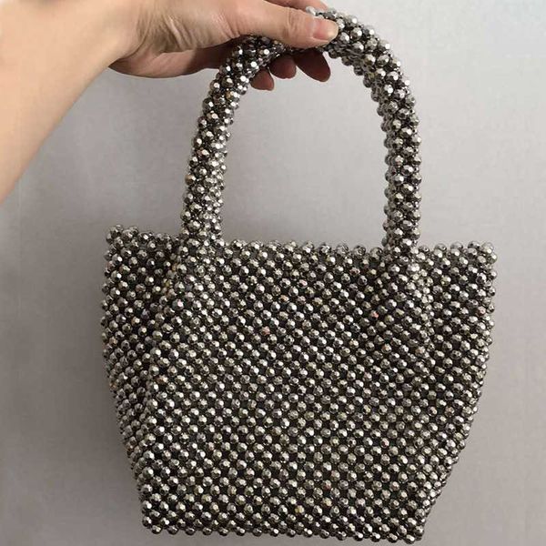 

net-red lu jieyun same ccb beaded laser pearl bag silver handbag loeffler 230304