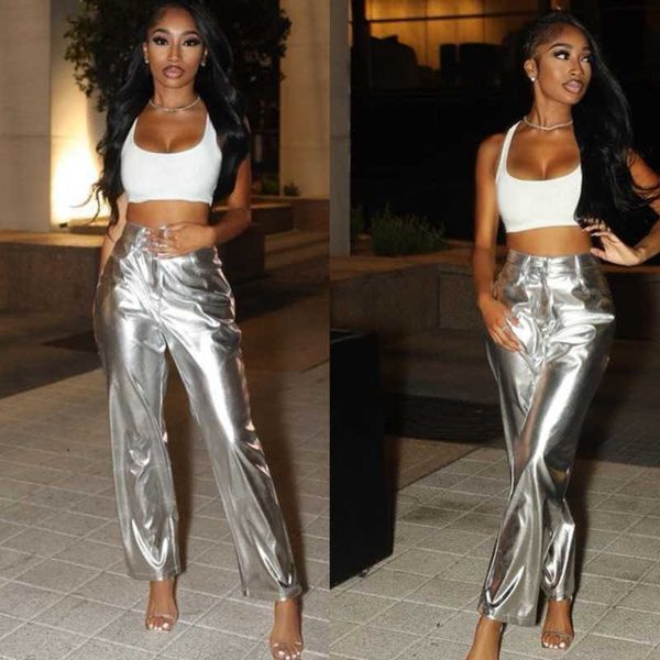 

retail women clothes candy casual pants high waist pu leather straight metallic color trousers for spring summer, Black;white