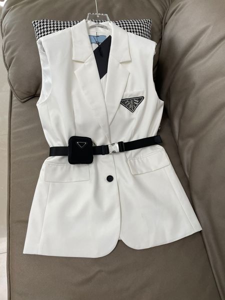 

fashion women t blazers shirt brand lapel summer elegant vest with bag belt women's sleeveless solid triangle sequin jacket single brea, White